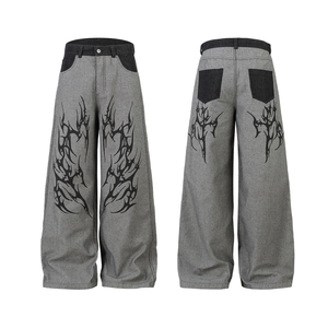Jean délavé style vintage américain pour homme, coupe large et droite, avec patchs imprimés, délavé à l'acide, style streetwear décontracté - Product Image 3