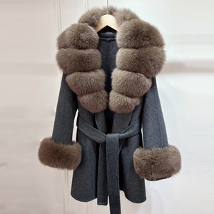 New Autumn Cashmere <b>Wool</b> Blends Women Natural Removable Fox Fur Collar Lace up Loose Double-sided Woolen Fleece Jacket with Belt - Product Image 1