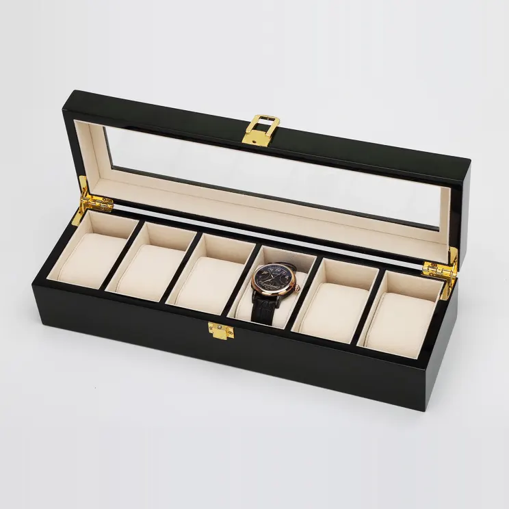 Transparent Cover 12 Slot 6 custom Lacquer wooden Watch Box Display Case Organizer with lock