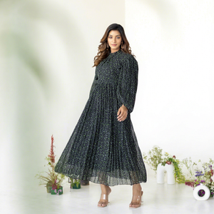 Vestido Maxi con Estampado Floral, Cuello Alto, Manga Larga, Corte en A, Chifón, Casual, Holgado, Transpirable, con Dobladillo Plisado, Cómodo para Primavera - Product Image 1