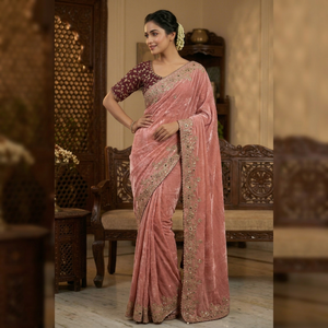 Women's Pure Fandy <b>Satin</b> Traditional Party <b>Saree</b> with Heavy C Pallu Sequence Work Fancy Cut Work Border with Stitched Blouse Set - Product Image 1