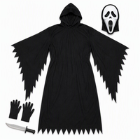 Robe noire à capuche avec masque style Scream blanc, taille unique adulte, ensemble Halloween à bords effilochés avec gants et couteau d'accessoire