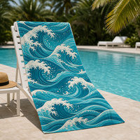Serviette de plage en coton 100% turquoise à motif vague, impression numérique personnalisée, prix direct usine, haute densité (350-500 GSM), vente directe usine