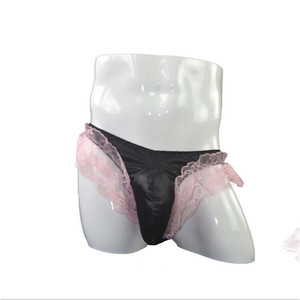 Lencería sexy para hombre, tanga negra y rosa con ribete de encaje, spandex con tacto real, ropa interior gay para crossdressing. - Product Image 3