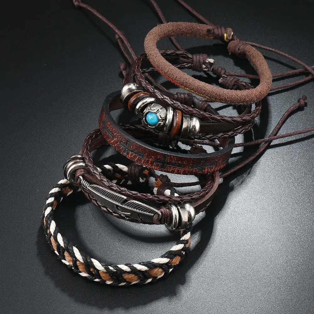 Stylish Men's Leather Bracelet Set With Small Turquoise Feather Accessories