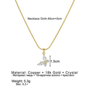 Collar de cadena redonda con circonitas incrustadas en cobre, colgante de cadena para clavícula, diseño de mariposa de lujo ligero y versátil para nicho pequeño. - Product Image 3