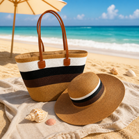 Ensemble Sac Fourre-Tout Grande Taille en Paille Fait Main et Chapeau pour Femme – Accessoire de Plage Tendance pour l'Été, Fermeture Ouverte pour les Vacances et le Bord de Mer