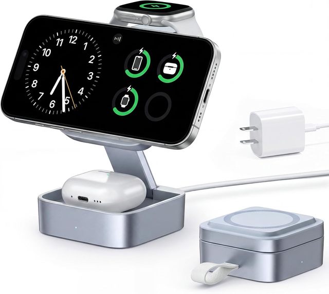 3-in-1 Wireless Charging Station Magnetic Foldable Travel Fast Charger Stand for  iPhone 17-12 Series, Apple Watch & AirPods