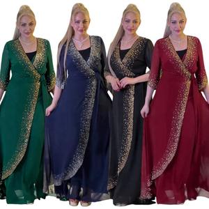 فستان نسائي مسلم من الشيفون المزين بالألماس مع فستان داخلي وعباءة كارديجان للحفلات - Product Image 1