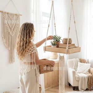 Hanging Wooden <b>Plant</b> Rack <b>Rectangle</b> 1 Tier Hangable Indoor Outdoor Flower <b>Pot</b> Storage Shelf No Drilling Required - Product Image 3