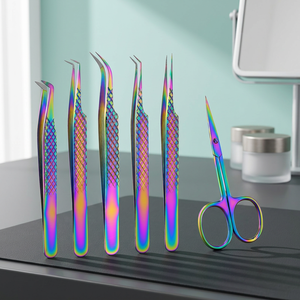 6Pcs Rainbow Eyelash Extension Tweezers <b>Set</b> with Lash Scissors Stainless Steel Precision Curved Volume Fan Isolation Beauty <b>Tool</b> - Product Image 3
