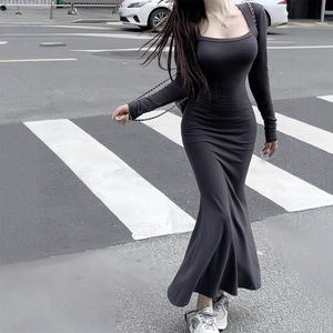 Women's Square Neck Long Sleeve Bodycon Dress Mid Length Fishtail Stretch Knitted Solid Color Black Dark Gray Brown - Product Image 1