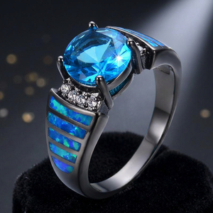 Bague de Fiançailles et de Mariage en Argent Sterling 925 Plaqué Rhodium Noir avec Opale Bleue, Cadeau pour Homme, Anniversaire, Fête, Cœur - Product Image 2