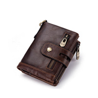 Dompet Pria Kulit Asli Ukuran Kecil Pendek Dengan Ritsleting Ganda, Banyak Kantong Kartu, Penjepit Uang, Tempat Koin, Tempat Kartu, Dilengkapi Rantai