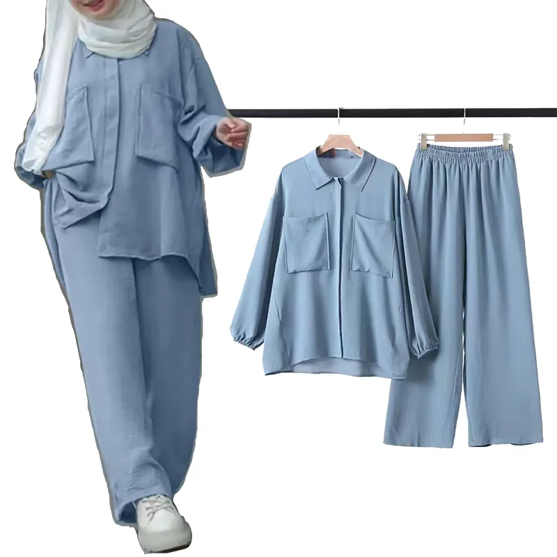 Gamis warna polos Muslim model Malaysia Indonesia, baju dan celana kasual, Set 2 potong Muslim