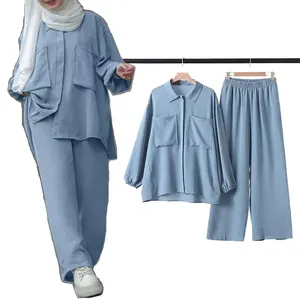 단색 이슬람 나무늘보 말레이시아 인도네시아 스타일 아바야 캐주얼 여성 의류 셔츠와 바지 2 종 세트 이슬람