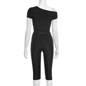 Viviblook J25ST489 Women Casual Set Twisted Off Shoulder Pullover Crop <b>Top</b> <b>High</b> Waist Cropped Pants Two Pieces Set - Product Image 6