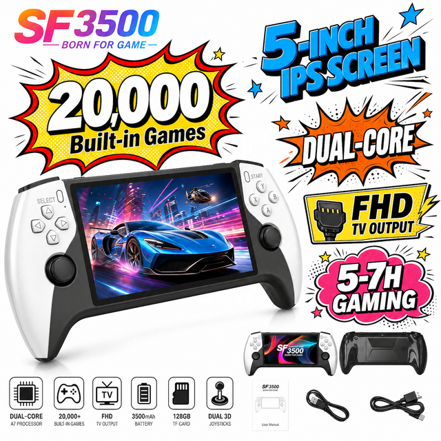 COSMOVA SF3500 Portable Game Console 5'' HD Display With FHD TV Output Supported 64GB Built-in 20,000+ Classic Retro Games