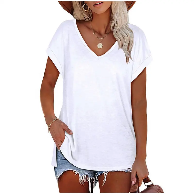Wholesale new cotton breathable plain white v neck t shirts for women