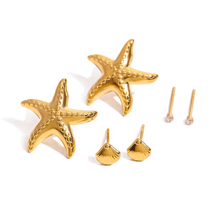 Boucles d'oreilles clous Yueli en forme d'étoile de mer, design coquillage doré, ensemble de bijoux tendance, cadeau - Product Image 5