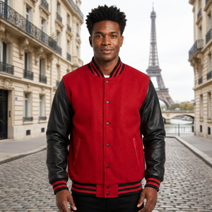 Veste universitaire rouge pour homme avec manches en cuir noir, col rabattu, vêtement décontracté pour l'automne - Product Image 1