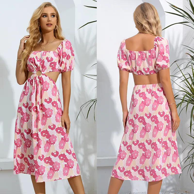Floral Print Fashion Summer Deep Off Waist Baring Sexy Long Women Dress Maxi Elegant Beach Boho Casual Dress