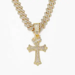 Iced Out Big Cuban Chain With Hip Hop Alloy And Full Bling Rhinestone Crown Cross Pendant Choker Necklace