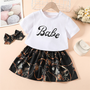 Spot Children's Clothing New, 2023 Girls Short-Sleeved Letter T-Shirt Pleated Korean Skirt <strong>Suit</strong> Girls 2 Pcs Outfits 4 Years Old/ - Product Image 1