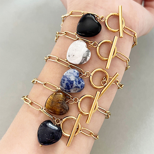 กำไลหินธรรมชาติรูปหัวใจปรับแต่งได้ สร้อยข้อมือสแตนเลสแบบโซ่คลิปหนีบกระดาษ สำหรับร้านบูติกและวันแม่ - Product Image 4