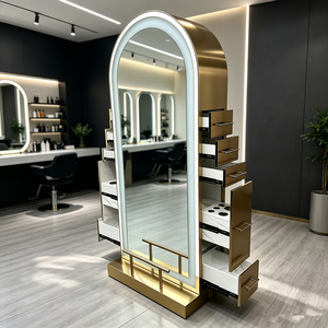 Mueble de Estación de Peluquería, Diseño Moderno en Acero Inoxidable, Ecológico y Duradero, Espejo LED de Doble Cara con Almacenamiento - Product Image 1