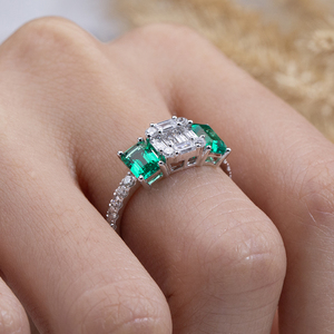 Messi Jewelry MSR-2125 9K Gold Marquise Shape Three Stone Lab Grown <b>Diamond</b> Lab Emerald <b>Ring</b> Wedding <b>Ring</b> for Women - Product Image 6