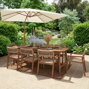 Outdoor Teak Minimalist Garden Dining Table <b>Set</b> with Woven Chairs Umbrella 4 Seater Solid Wood Furniture for Courtyard & Villa - Product Image 2