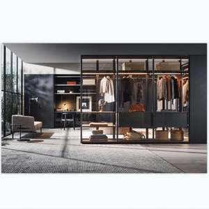 Armoire de chambre à coucher avec porte en verre ouverte, sur mesure, style luxe léger, murale, en alliage d'aluminium et mélamine, meubles d'armoire - Product Image 6