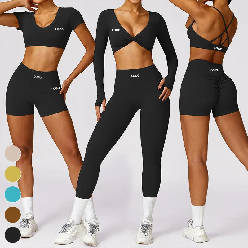 Oem Odm Custom Actieve Kleding Scrunch Leggings Set Gym Fitness Sport Bh Shorts Workout Sets Lange Mouwen Gym Yoga Kleding Vrouwen