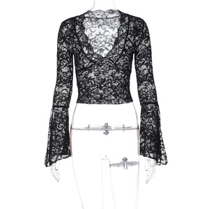 Di alta qualità nuovo stile Sexy profondo V sottile <span class=keywords><strong>manica</strong></span> <span class=keywords><strong>lunga</strong></span> da donna Versatile stile corto <span class=keywords><strong>pizzo</strong></span> a maniche lunghe Top in <span class=keywords><strong>pizzo</strong></span> OEM - Product Image 4