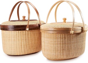 Cesta de mimbre de fresno duro con tapa y asas de madera, cesta artesanal con doble asa de madera, cesta de picnic para exteriores - Product Image 6