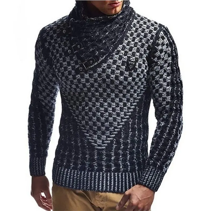 Зимний новый высококачественный однотонный вязаный пуловер с карманами, мужской свитер с высоким воротником большого размера