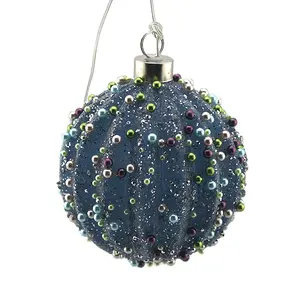 2022 New Design Blown Glass Craft Led Light Christmas Glass Ball Blue Bulb Bauble Xmas Tree Hanging Ornaments With Beads