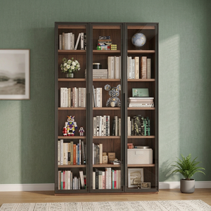 Modern Wood Bookcase With Glass Doors 6 Shelves <b>Storage</b> <b>Unit</b> For Home Office Living Room Furniture - Product Image 1