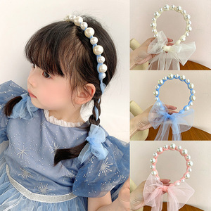 Fasce per capelli con nastro di perle carine per bambini principessa Tulle coda di cavallo da ragazza - Product Image 2