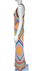 فستان مثير من التريكو متعدد الألوان شفاف للنساء موديل 2024، فستان طويل بتصميم بوهيمي خلفي منقوش بشكل الماسي من التريكو - Product Image 4