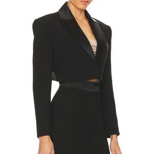 เสื้อสูทผู้หญิงสีดำผ้าซาตินแบบครอป ปกแหลม ติดกระดุมเม็ดเดียว แขนยาว สำหรับงานทางการและธุรกิจ - Product Image 2