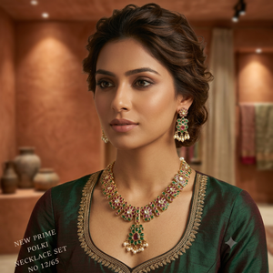 ชุดสร้อยคอหรูหราแบบโพลกี ชุบทอง เครื่องประดับเจ้าสาว ประดับด้วยพลอย สร้อยคอแต่งงาน ต่างหูมุกทรงหยดน้ำ คอลเลคชั่นพรีเมียม - Product Image 4