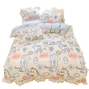 <span class=keywords><strong>Set</strong></span> di biancheria da letto in stile coreano 4 pezzi 100% cotone 400TC principessa arruffata con dinosauro di coniglio <span class=keywords><strong>Set</strong></span> di copripiumino con animali floreali - Product Image 1