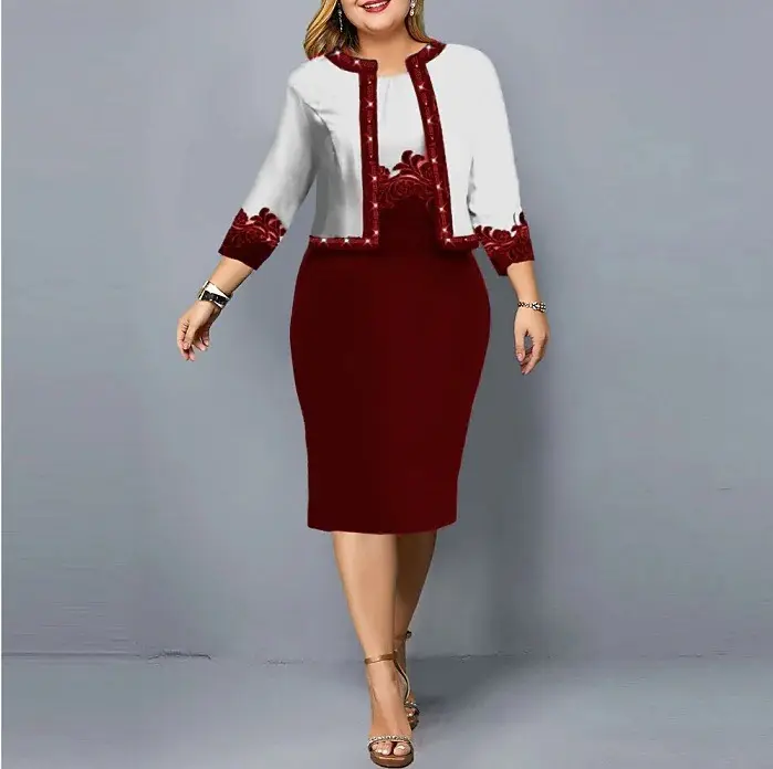 J&H wholesale S-5XL plus size dress with crop jacket top fashion mom dress high quality 2 piece set casual dresses