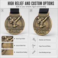 Médaille de Taekwondo personnalisée en alliage de zinc bronze antique, récompense 3D pour arts martiaux avec ruban pour compétition sportive et souvenir