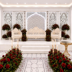 Elegante telón de fondo de boda color marfil para escenario de recepción, paneles decorativos de lujo estilo mogol con trabajo Jali plateado, en venta. - Product Image 1