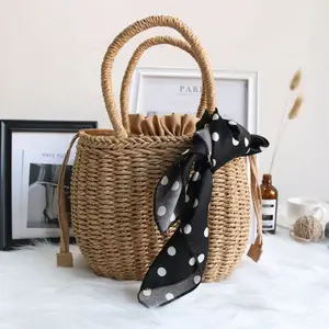 Sac a Main En Paille 토트 밀짚 등나무 짠 가방 위커 라운드 비치 핸드백 밀짚 가방 태국 Drawstring