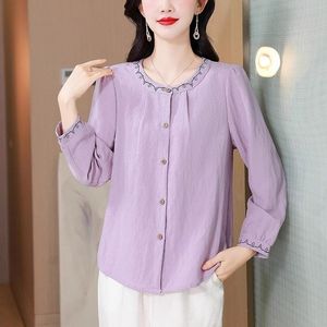 Linen <b>Shirt</b> Women Long Sleeve Embroidered Navy Blue Solid Color Vintage Style Everyday Wear Cotton Fabric ZY-701 - Product Image 3