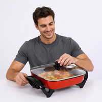 Casserole électrique 1201 1500W avec couvercle en verre trempé, corps en alliage d'aluminium, commande par bouton, normes US EU UK, 110V 220V